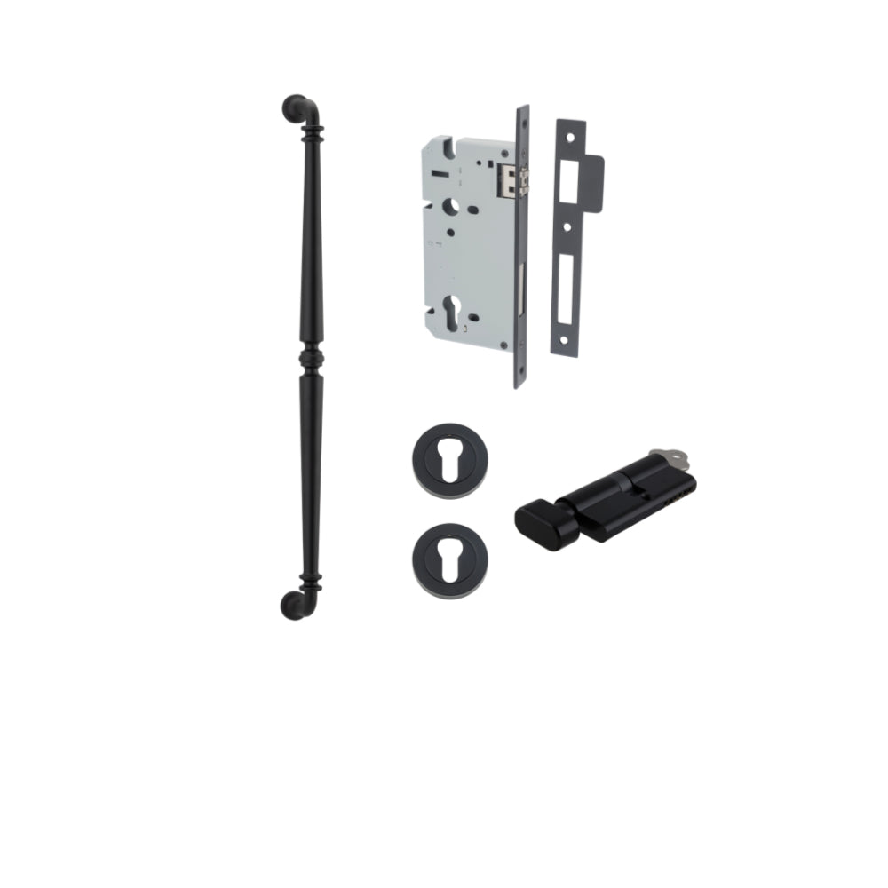 Pull Handle Sarlat Matt Black L635xW32xP72mm BP35mm CTC600mm Entrance Kit, Mortice Lock Roller Euro Matt Black CTC85mm Backset 60mm, Euro Cylinder Key Thumb 6 Pin Matt Black L70mm KA1, Escutcheon Euro Concealed Fix Round Pair Matt Black D52xP10mm in Matt Black