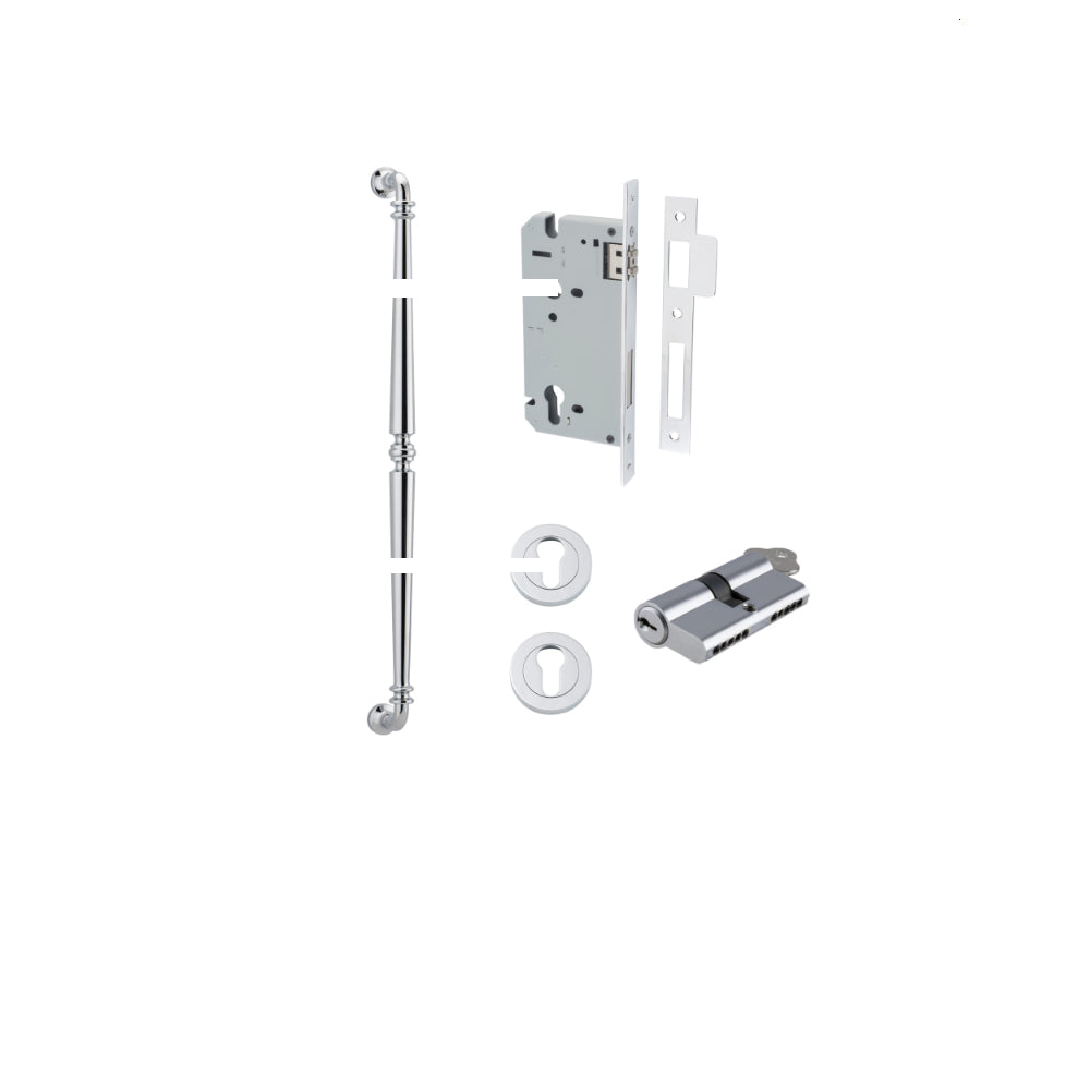 Pull Handle Sarlat Polished Chrome L635xW32xP72mm BP35mm CTC600mm Entrance Kit, Mortice Lock Roller Euro Polished Chrome CTC85mm Backset 60mm, Euro Cylinder Dual Function 5 Pin Polished Chrome L65mm KA1, Escutcheon Euro Concealed Fix Round Pair Po… in Polished Chrome