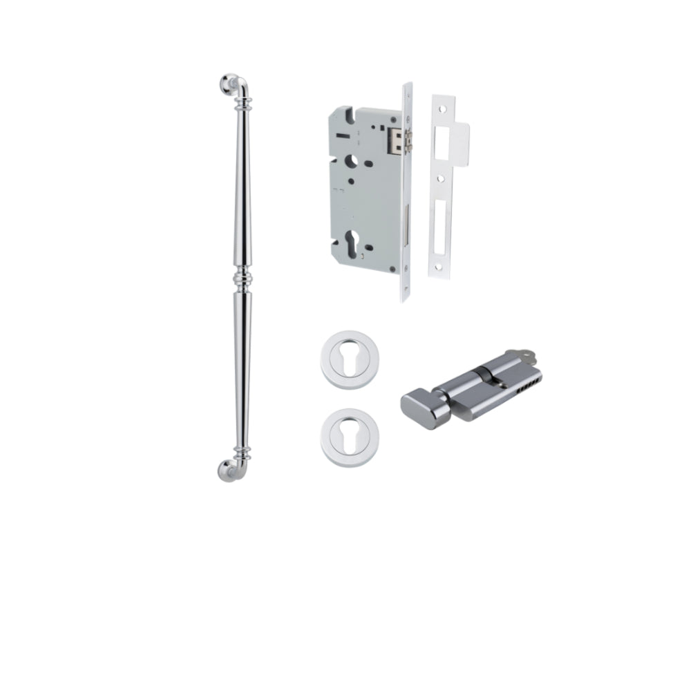 Pull Handle Sarlat Polished Chrome L635xW32xP72mm BP35mm CTC600mm Entrance Kit, Mortice Lock Roller Euro Polished Chrome CTC85mm Backset 60mm, Euro Cylinder Key Thumb 6 Pin Polished Chrome L70mm KA1, Escutcheon Euro Concealed Fix Round Pair Polish… in Polished Chrome