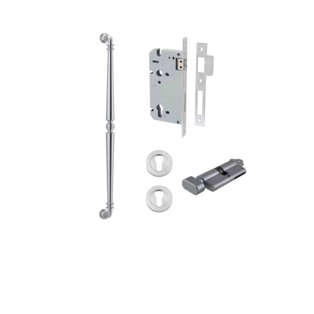 Pull Handle Sarlat Brushed Chrome L635xW32xP72mm BP35mm CTC600mm Entrance Kit, Mortice Lock Roller Euro Brushed Chrome CTC85mm Backset 60mm, Euro Cylinder Key Thumb 6 Pin Brushed Chrome L70mm KA1, Escutcheon Euro Concealed Fix Round Pair Brushed C… in Brushed Chrome