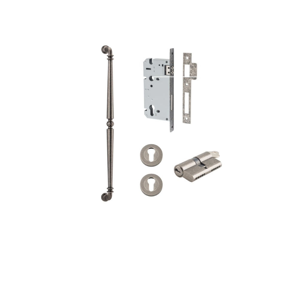 Pull Handle Sarlat Distressed Nickel L635xW32xP72mm BP35mm CTC600mm Entrance Kit, Mortice Lock Roller Euro Distressed Nickel CTC85mm Backset 60mm, Euro Cylinder Dual Function 5 Pin Distressed Nickel L65mm KA1, Escutcheon Euro Concealed Fix Round P… in Distressed Nickel