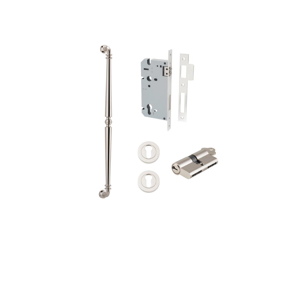 Pull Handle Sarlat Polished Nickel L635xW32xP72mm BP35mm CTC600mm Entrance Kit, Mortice Lock Roller Euro Polished Nickel CTC85mm Backset 60mm, Euro Cylinder Dual Function 5 Pin Polished Nickel L65mm KA1, Escutcheon Euro Concealed Fix Round Pair Po… in Polished Nickel