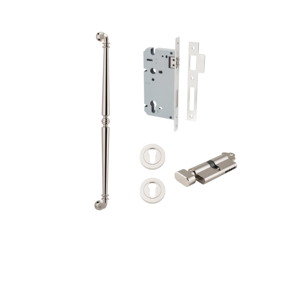 Pull Handle Sarlat Polished Nickel L635xW32xP72mm BP35mm CTC600mm Entrance Kit, Mortice Lock Roller Euro Polished Nickel CTC85mm Backset 60mm, Euro Cylinder Key Thumb 6 Pin Polished Nickel L70mm KA1, Escutcheon Euro Concealed Fix Round Pair Polish… in Polished Nickel