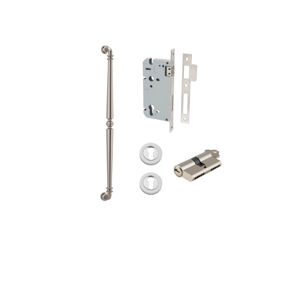 Pull Handle Sarlat Satin Nickel L635xW32xP72mm BP35mm CTC600mm Entrance Kit, Mortice Lock Roller Euro Satin Nickel CTC85mm Backset 60mm, Euro Cylinder Dual Function 5 Pin Satin Nickel L65mm KA1, Escutcheon Euro Concealed Fix Round Pair Satin Nicke… in Satin Nickel
