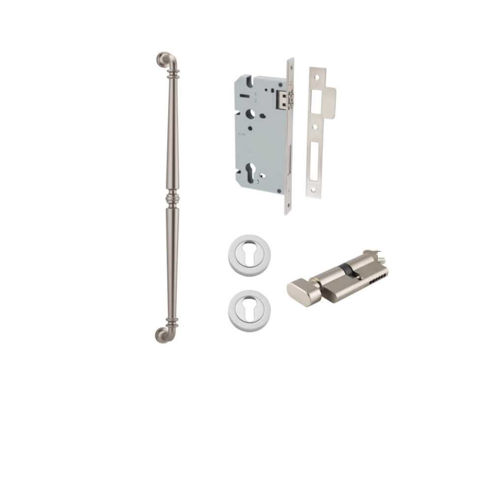 Pull Handle Sarlat Satin Nickel L635xW32xP72mm BP35mm CTC600mm Entrance Kit, Mortice Lock Roller Euro Satin Nickel CTC85mm Backset 60mm, Euro Cylinder Key Thumb 6 Pin Satin Nickel L70mm KA1, Escutcheon Euro Concealed Fix Round Pair Satin Nickel D5… in Satin Nickel