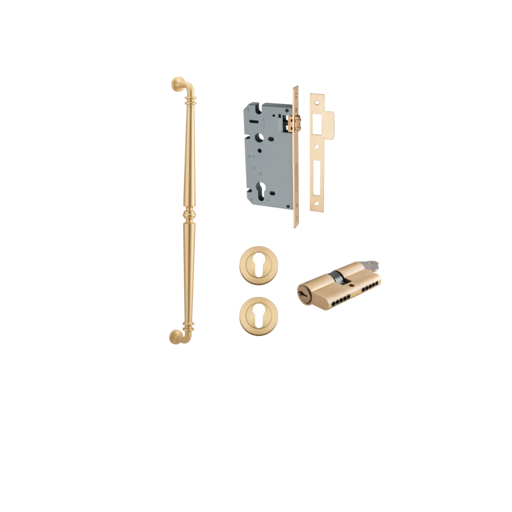 Pull Handle Sarlat Brushed Brass L635xW32xP72mm BP35mm CTC600mm Entrance Kit, Mortice Lock Roller Euro Brushed Brass CTC85mm Backset 60mm, Euro Cylinder Dual Function 5 Pin Brushed Brass L65mm KA1, Escutcheon Euro Concealed Fix Round Pair Brushed … in Brushed Brass