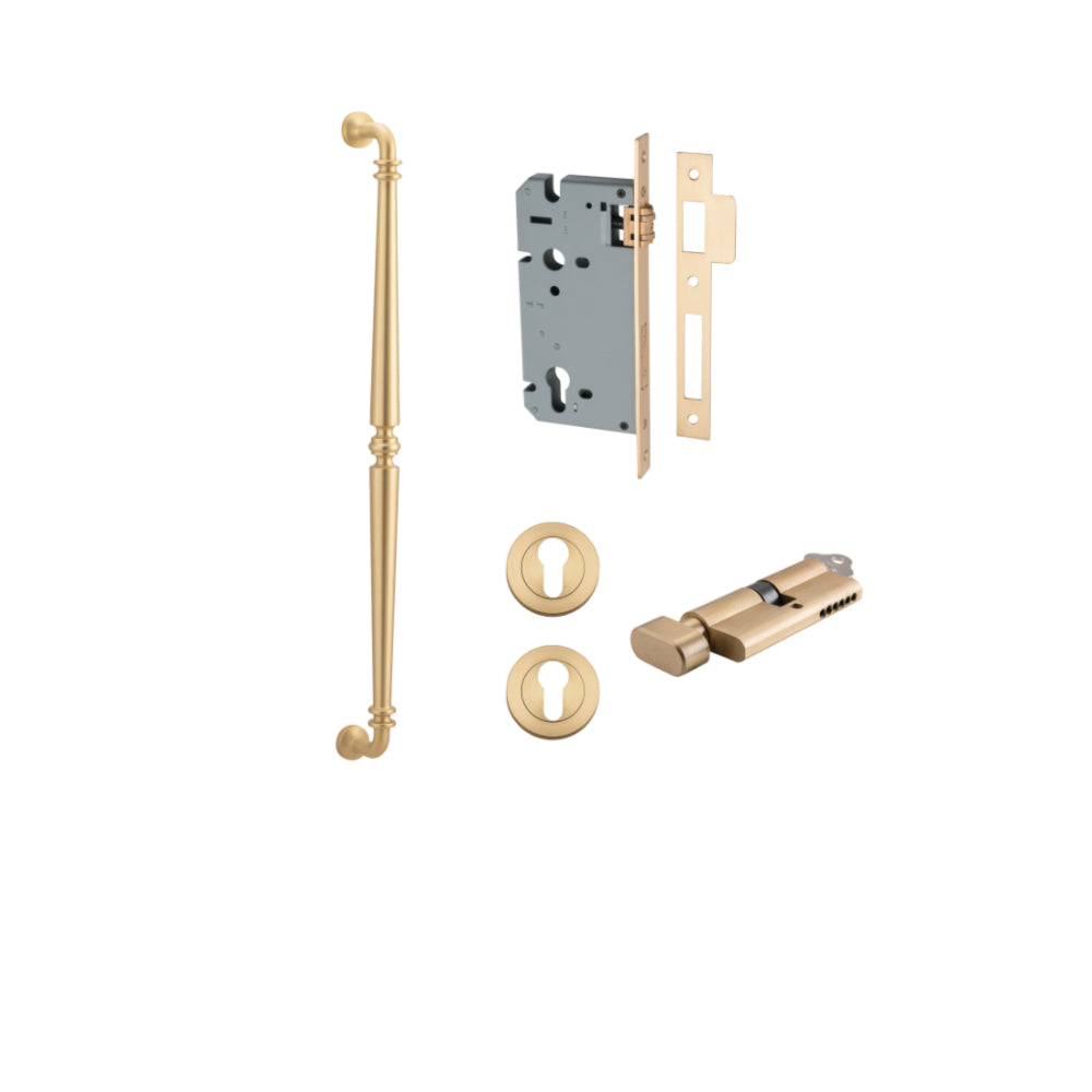 Pull Handle Sarlat Brushed Brass L635xW32xP72mm BP35mm CTC600mm Entrance Kit, Mortice Lock Roller Euro Brushed Brass CTC85mm Backset 60mm, Euro Cylinder Key Thumb 6 Pin Brushed Brass L70mm KA1, Escutcheon Euro Concealed Fix Round Pair Brushed B… in Brushed Brass