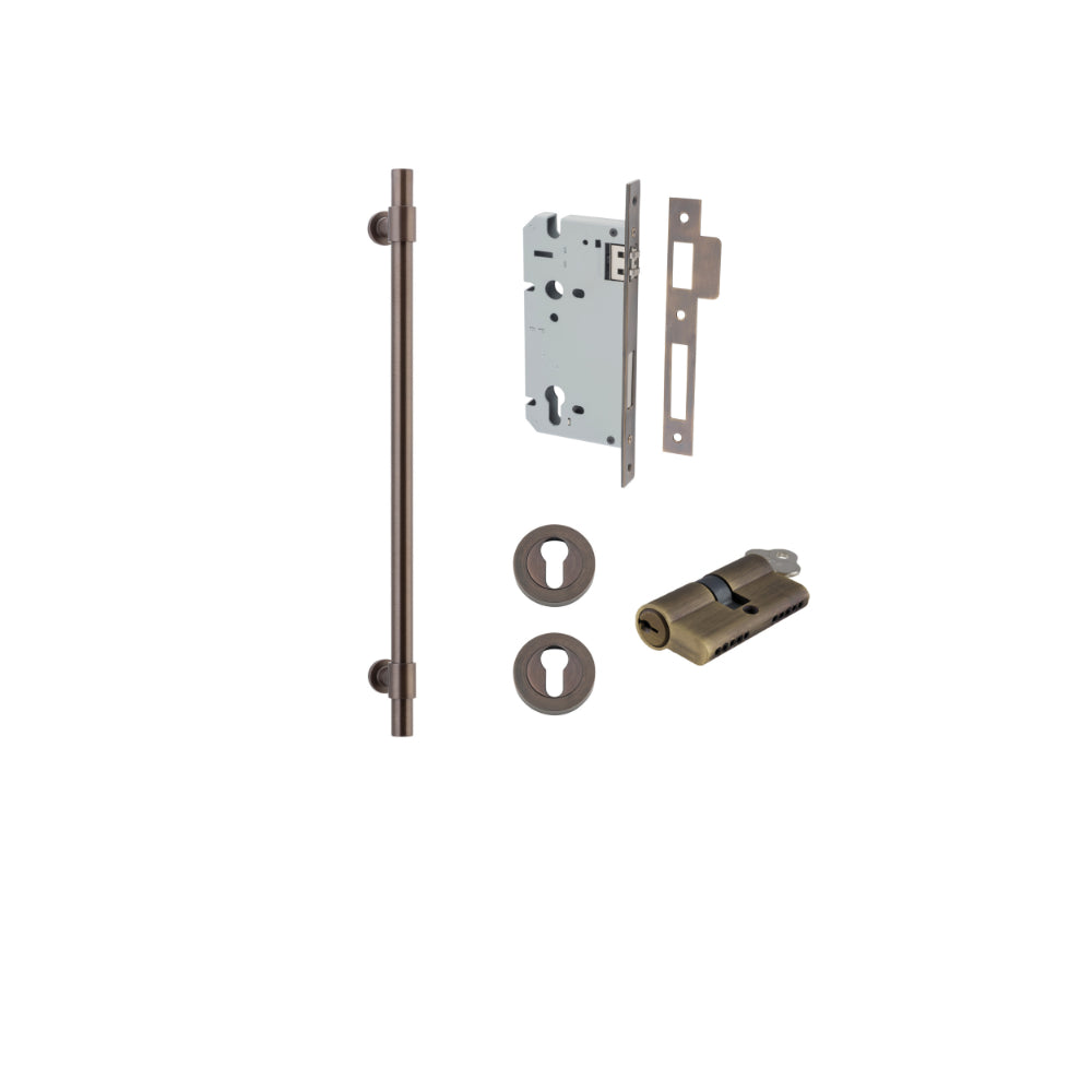 Pull Handle Helsinki Signature Brass L560xD22xP66mm BP35mm CTC450mm Entrance Kit, Mortice Lock Roller Euro Signature Brass CTC85mm Backset 60mm, Euro Cylinder Dual Function 5 Pin Signature Brass L65mm KA1, Escutcheon Euro Concealed Fix Round Pair S… in Signature Brass