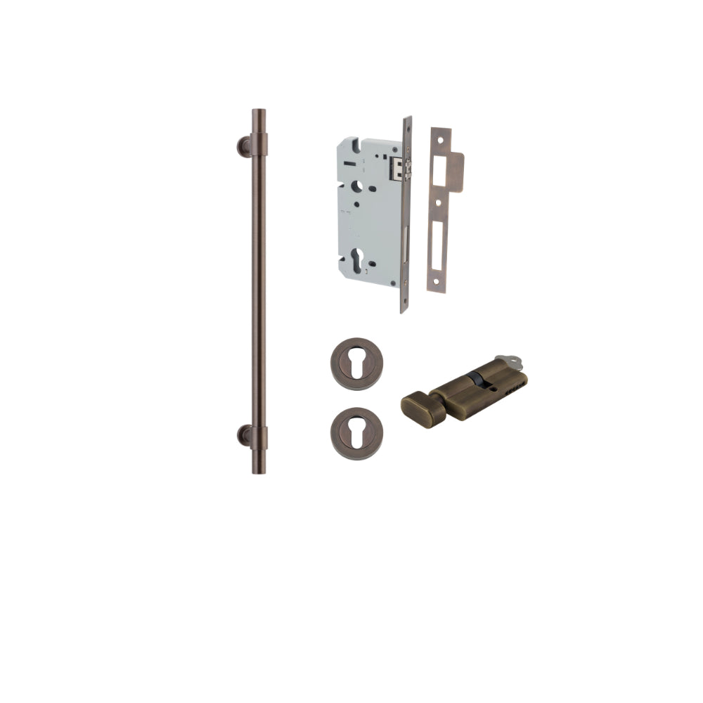 Pull Handle Helsinki Signature Brass L560xD22xP66mm BP35mm CTC450mm Entrance Kit, Mortice Lock Roller Euro Signature Brass CTC85mm Backset 60mm, Euro Cylinder Key Thumb 6 Pin Signature Brass L70mm KA1, Escutcheon Euro Concealed Fix Round Pair Sign… in Signature Brass