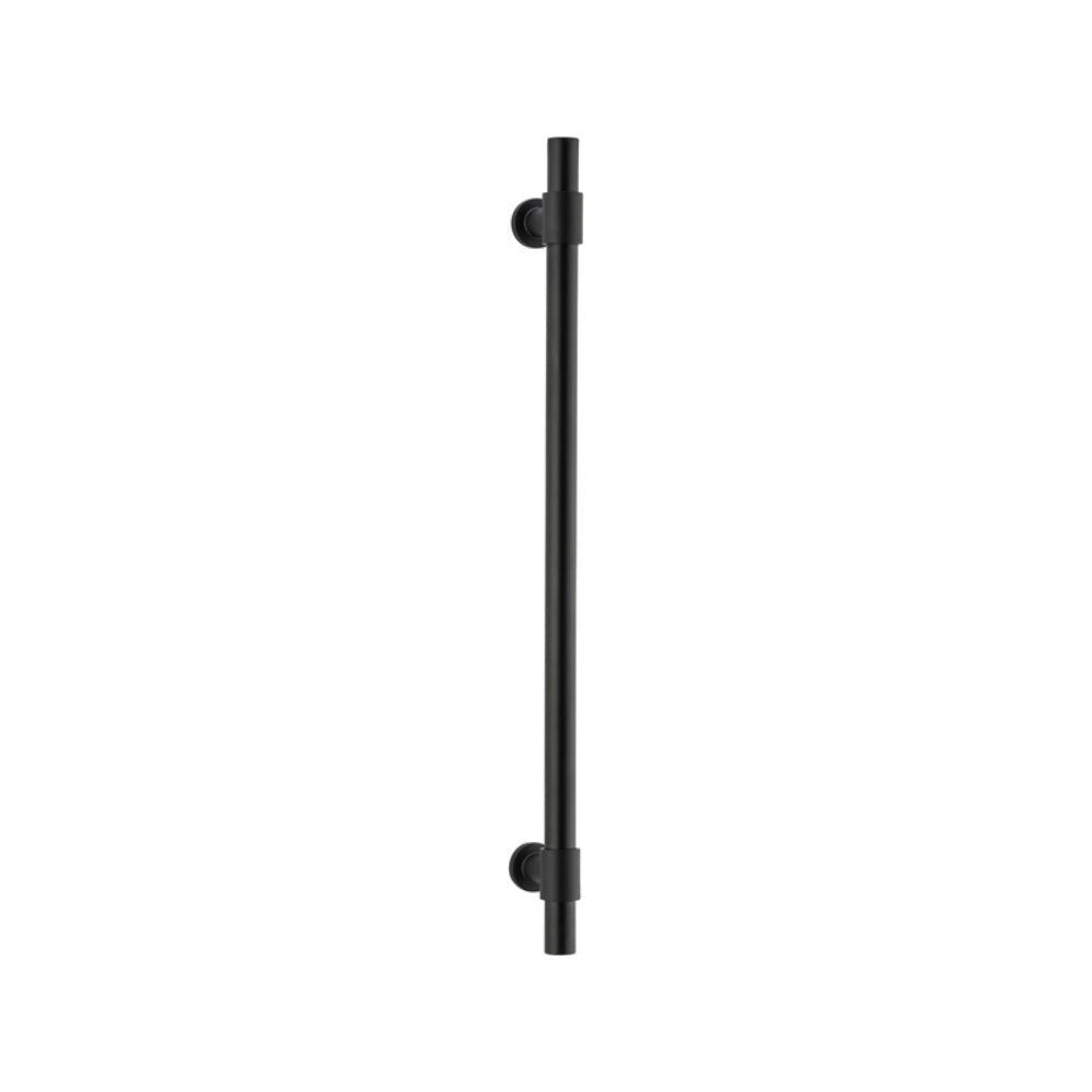 Iver Helsinki single pull handle, architectural hardware with sleek metal finish, mounted on a door for modern design.