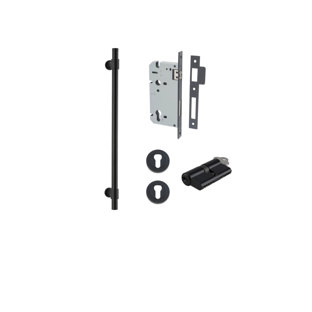 Pull Handle Helsinki Matt Black L560xD22xP66mm BP35mm CTC450mm Entrance Kit, Mortice Lock Roller Euro Matt Black CTC85mm Backset 60mm, Euro Cylinder Dual Function 5 Pin Matt Black L65mm KA1, Escutcheon Euro Concealed Fix Round Pair Matt Black D52x… in Matt Black