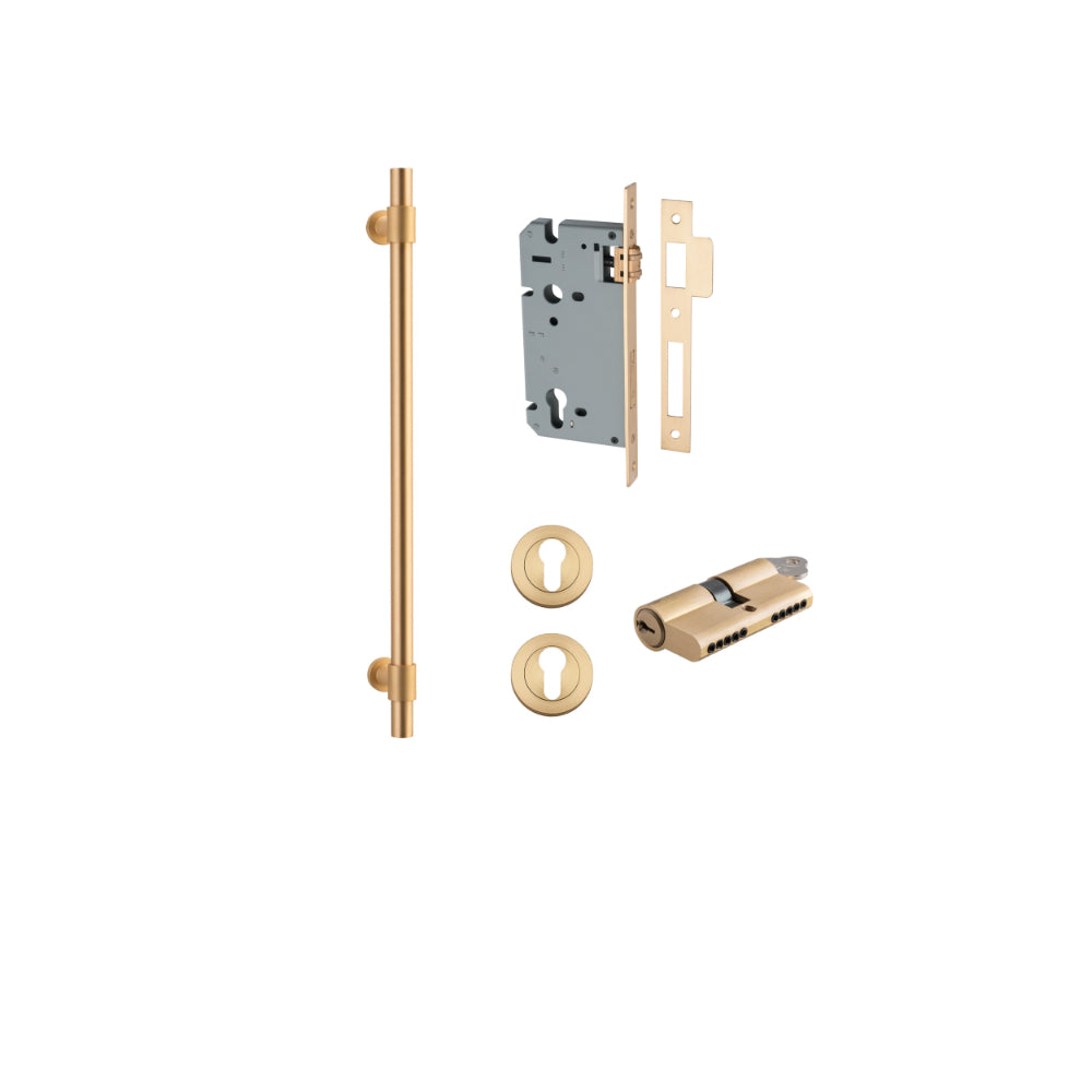 Pull Handle Helsinki Brushed Brass L560xD22xP66mm BP35mm CTC450mm Entrance Kit, Mortice Lock Roller Euro Brushed Brass CTC85mm Backset 60mm, Euro Cylinder Dual Function 5 Pin Brushed Brass L65mm KA1, Escutcheon Euro Concealed Fix Round Pair Brushe… in Brushed Brass