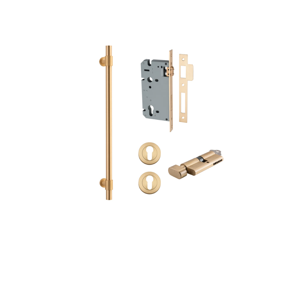 Pull Handle Helsinki Brushed Brass L560xD22xP66mm BP35mm CTC450mm Entrance Kit, Mortice Lock Roller Euro Brushed Brass CTC85mm Backset 60mm, Euro Cylinder Key Thumb 6 Pin Brushed Brass L70mm KA1, Escutcheon Euro Concealed Fix Round Pair Brushed… in Brushed Brass