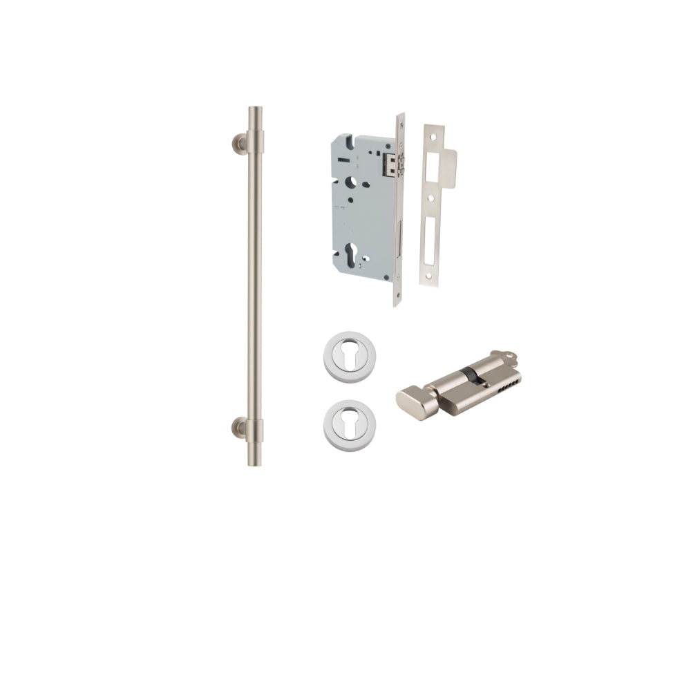 Pull Handle Helsinki Satin Nickel L560xD22xP66mm BP35mm CTC450mm Entrance Kit, Mortice Lock Roller Euro Satin Nickel CTC85mm Backset 60mm, Euro Cylinder Key Thumb 6 Pin Satin Nickel L70mm KA1, Escutcheon Euro Concealed Fix Round Pair Satin Nickel … in Satin Nickel