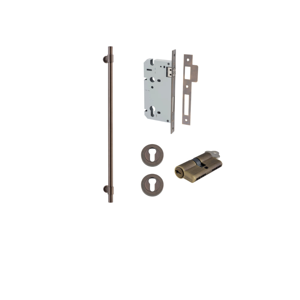 Pull Handle Helsinki Signature Brass L710xD22xP66mm BP35mm CTC600mm Entrance Kit, Mortice Lock Roller Euro Signature Brass CTC85mm Backset 60mm, Euro Cylinder Dual Function 5 Pin Signature Brass L65mm KA1, Escutcheon Euro Concealed Fix Round Pair S… in Signature Brass