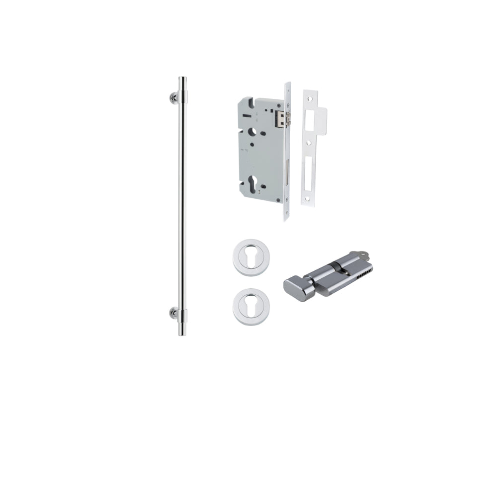 Pull Handle Helsinki Polished Chrome L710xD22xP66mm BP35mm CTC600mm Entrance Kit, Mortice Lock Roller Euro Polished Chrome CTC85mm Backset 60mm, Euro Cylinder Key Thumb 6 Pin Polished Chrome L70mm KA1, Escutcheon Euro Concealed Fix Round Pair Poli… in Polished Chrome