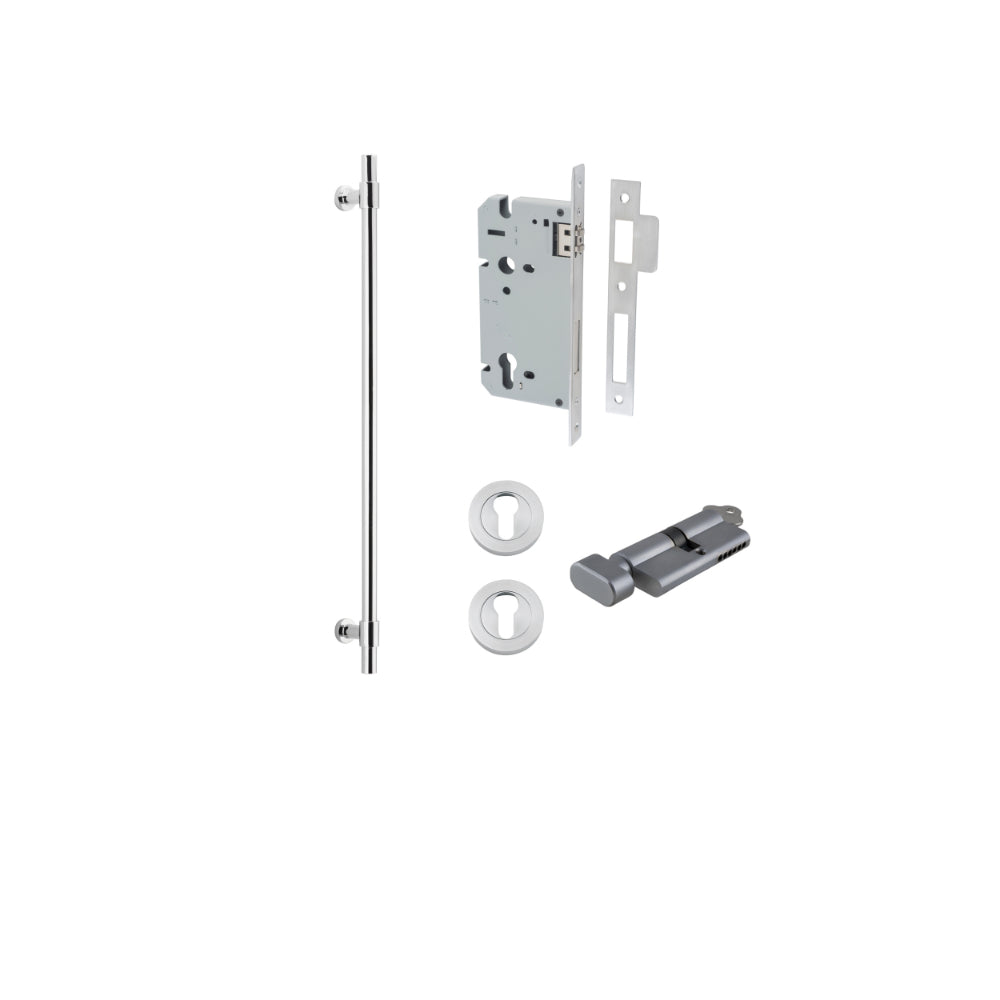 Pull Handle Helsinki Brushed Chrome L710xD22xP66mm BP35mm CTC600mm Entrance Kit, Mortice Lock Roller Euro Brushed Chrome CTC85mm Backset 60mm, Euro Cylinder Key Thumb 6 Pin Brushed Chrome L70mm KA1, Escutcheon Euro Concealed Fix Round Pair Brushed… in Brushed Chrome