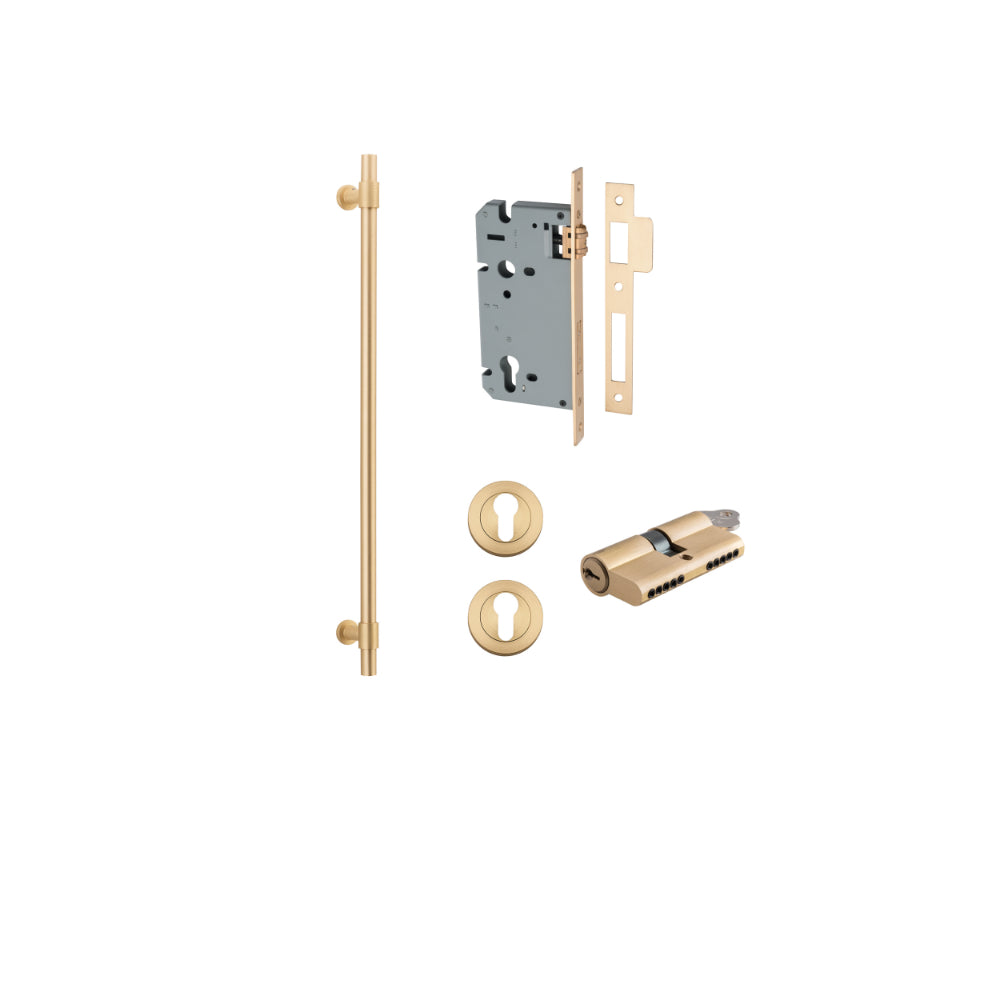 Pull Handle Helsinki Brushed Brass L710xD22xP66mm BP35mm CTC600mm Entrance Kit, Mortice Lock Roller Euro Brushed Brass CTC85mm Backset 60mm, Euro Cylinder Dual Function 5 Pin Brushed Brass L65mm KA1, Escutcheon Euro Concealed Fix Round Pair Brushe… in Brushed Brass
