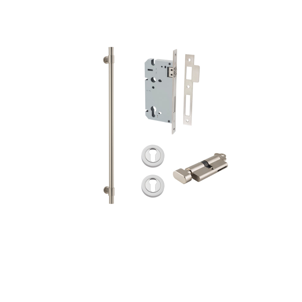 Pull Handle Helsinki Satin Nickel L710xD22xP66mm BP35mm CTC600mm Entrance Kit, Mortice Lock Roller Euro Satin Nickel CTC85mm Backset 60mm, Euro Cylinder Key Thumb 6 Pin Satin Nickel L70mm KA1, Escutcheon Euro Concealed Fix Round Pair Satin Nickel … in Satin Nickel