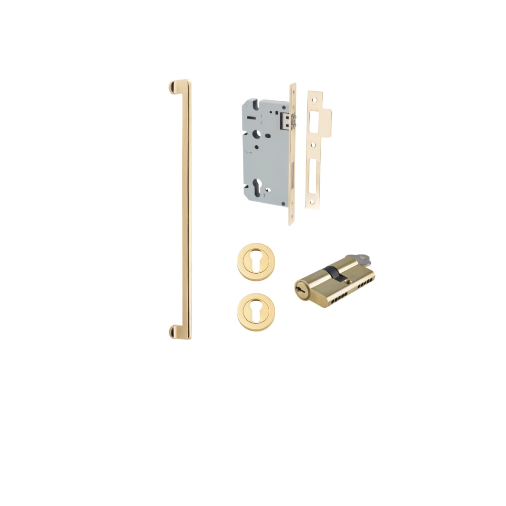 Pull Handle Baltimore Polished Brass L635xW13xP64mm BP35mm CTC600mm Entrance Kit, Mortice Lock Roller Euro Polished Brass CTC85mm Backset 60mm, Euro Cylinder Dual Function 5 Pin Polished Brass L65mm KA1, Escutcheon Euro Concealed Fix Round Pair Po… in Polished Brass