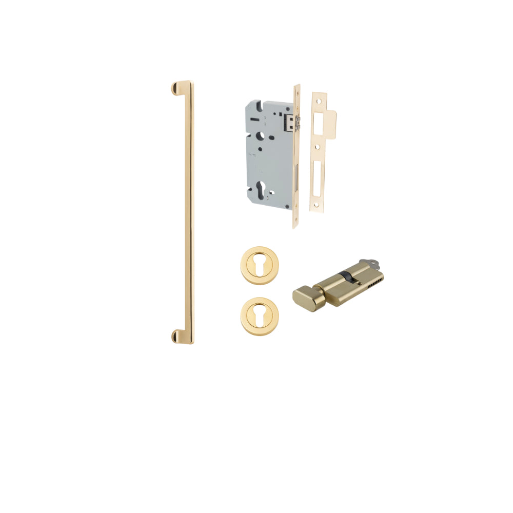 Pull Handle Baltimore Polished Brass L635xW13xP64mm BP35mm CTC600mm Entrance Kit, Mortice Lock Roller Euro Polished Brass CTC85mm Backset 60mm, Euro Cylinder Key Thumb 6 Pin Polished Brass L70mm KA1, Escutcheon Euro Concealed Fix Round Pair Polish… in Polished Brass