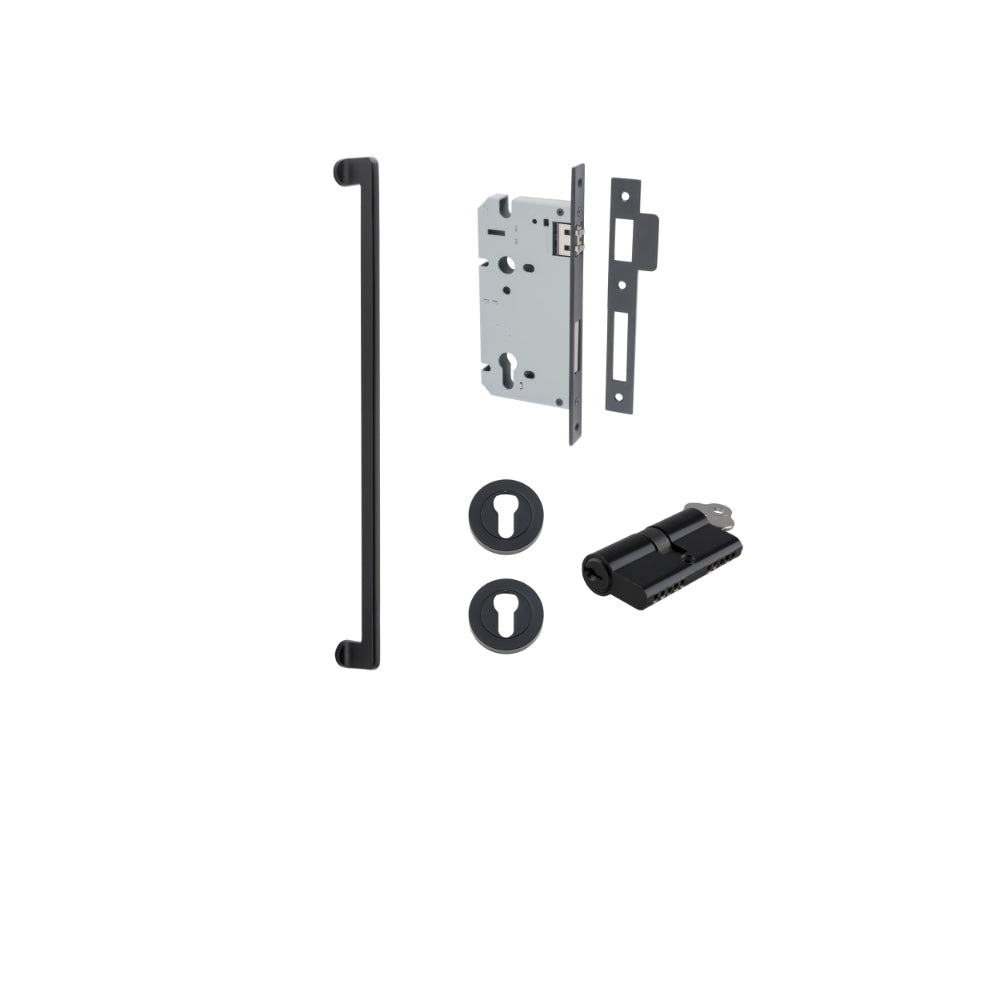 Pull Handle Baltimore Matt Black L635xW13xP64mm BP35mm CTC600mm Entrance Kit, Mortice Lock Roller Euro Matt Black CTC85mm Backset 60mm, Euro Cylinder Dual Function 5 Pin Matt Black L65mm KA1, Escutcheon Euro Concealed Fix Round Pair Matt Black D52… in Matt Black