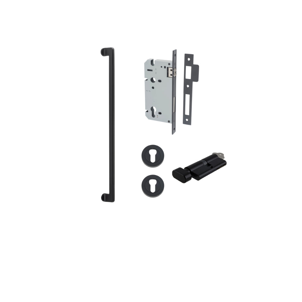 Pull Handle Baltimore Matt Black L635xW13xP64mm BP35mm CTC600mm Entrance Kit, Mortice Lock Roller Euro Matt Black CTC85mm Backset 60mm, Euro Cylinder Key Thumb 6 Pin Matt Black L70mm KA1, Escutcheon Euro Concealed Fix Round Pair Matt Black D52xP10mm in Matt Black