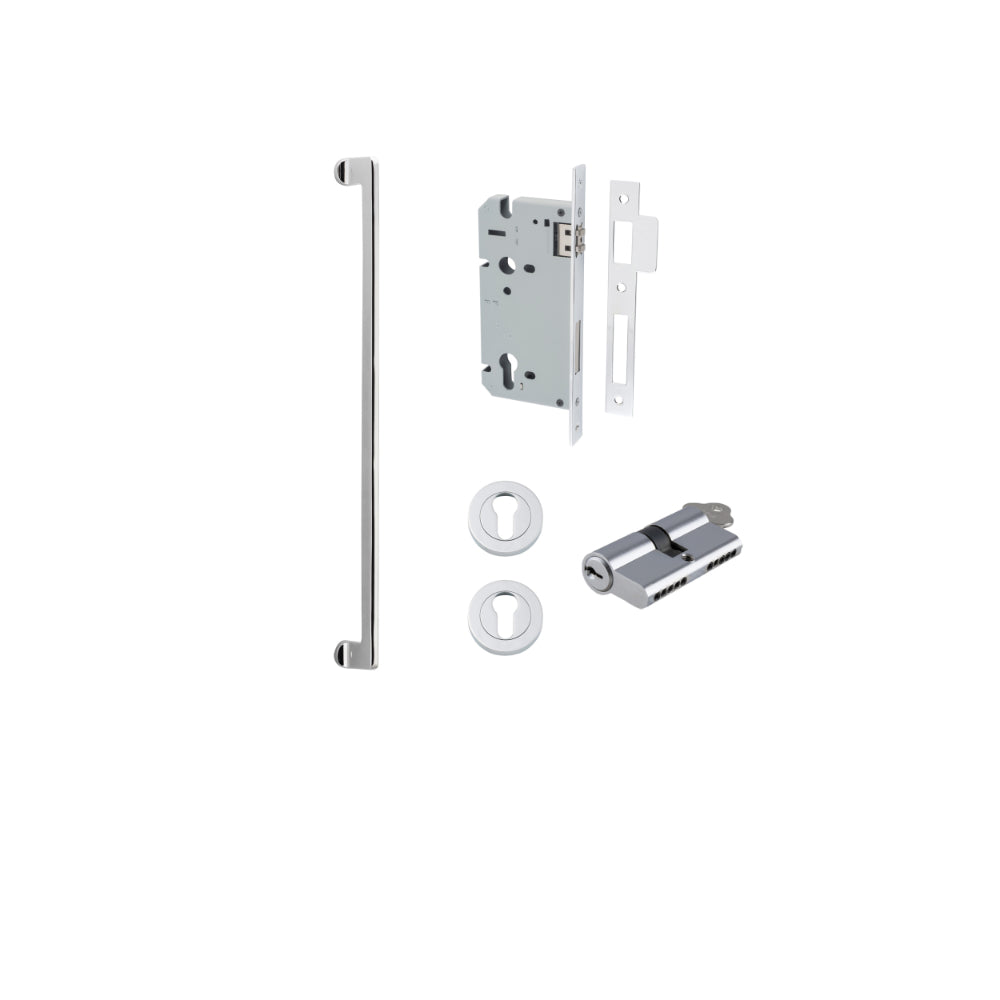 Pull Handle Baltimore Polished Chrome L635xW13xP64mm BP35mm CTC600mm Entrance Kit, Mortice Lock Roller Euro Polished Chrome CTC85mm Backset 60mm, Euro Cylinder Dual Function 5 Pin Polished Chrome L65mm KA1, Escutcheon Euro Concealed Fix Round Pair… in Polished Chrome
