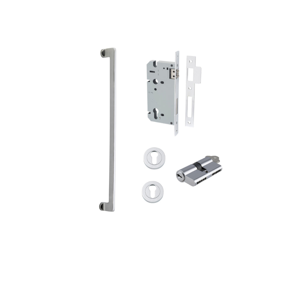 Pull Handle Baltimore Brushed Chrome L635xW13xP64mm BP35mm CTC600mm Entrance Kit, Mortice Lock Roller Euro Brushed Chrome CTC85mm Backset 60mm, Euro Cylinder Dual Function 5 Pin Brushed Chrome L65mm KA1, Escutcheon Euro Concealed Fix Round Pair Br… in Brushed Chrome