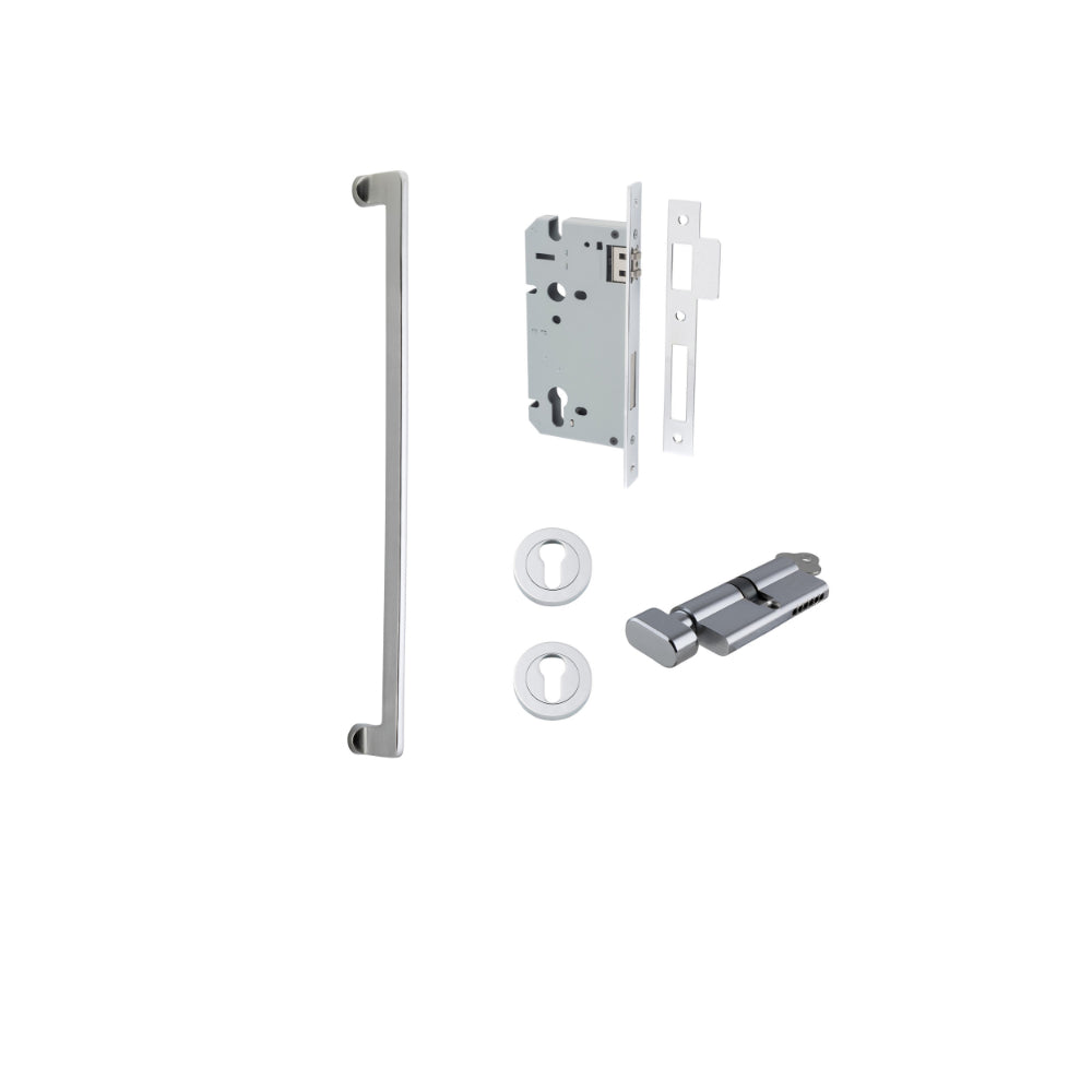 Pull Handle Baltimore Brushed Chrome L635xW13xP64mm BP35mm CTC600mm Entrance Kit, Mortice Lock Roller Euro Brushed Chrome CTC85mm Backset 60mm, Euro Cylinder Key Thumb 6 Pin Brushed Chrome L70mm KA1, Escutcheon Euro Concealed Fix Round Pair Brushe… in Brushed Chrome