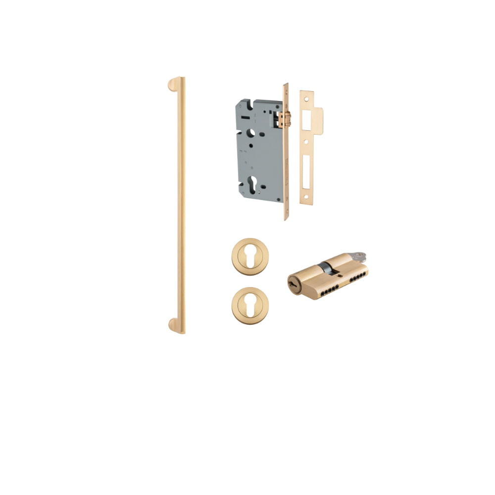 Pull Handle Baltimore Brushed Brass L635xW13xP64mm BP35mm CTC600mm Entrance Kit, Mortice Lock Roller Euro Brushed Brass CTC85mm Backset 60mm, Euro Cylinder Dual Function 5 Pin Brushed Brass L65mm KA1, Escutcheon Euro Concealed Fix Round Pair Brush… in Brushed Brass