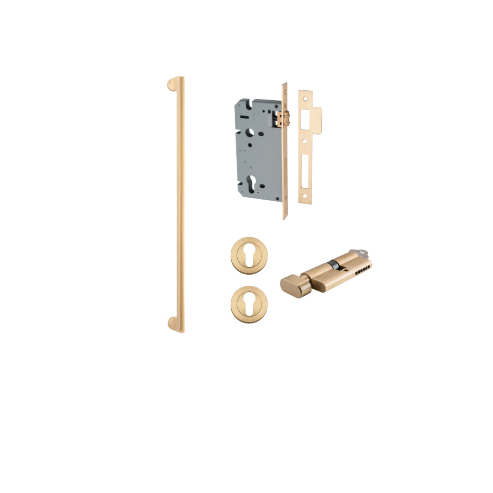 Pull Handle Baltimore Brushed Brass L635xW13xP64mm BP35mm CTC600mm Entrance Kit, Mortice Lock Roller Euro Brushed Brass CTC85mm Backset 60mm, Euro Cylinder Key Thumb 6 Pin Brushed Brass L70mm KA1, Escutcheon Euro Concealed Fix Round Pair Brushe… in Brushed Brass