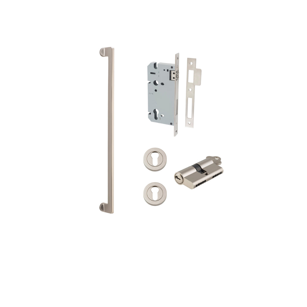 Pull Handle Baltimore Satin Nickel L635xW13xP64mm BP35mm CTC600mm Entrance Kit, Mortice Lock Roller Euro Satin Nickel CTC85mm Backset 60mm, Euro Cylinder Dual Function 5 Pin Satin Nickel L65mm KA1, Escutcheon Euro Concealed Fix Round Pair Brush… in Satin Nickel