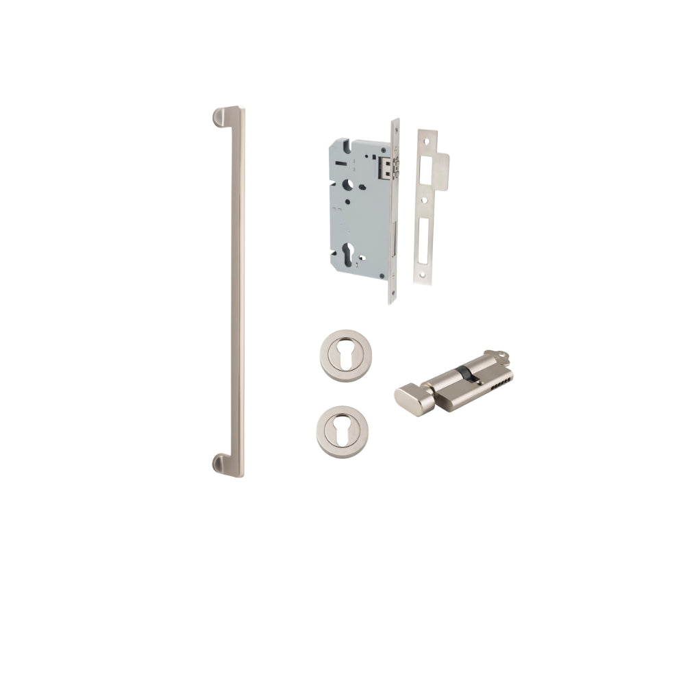 Pull Handle Baltimore Satin Nickel L635xW13xP64mm BP35mm CTC600mm Entrance Kit, Mortice Lock Roller Euro Satin Nickel CTC85mm Backset 60mm, Euro Cylinder Key Thumb 6 Pin Satin Nickel L70mm KA1, Escutcheon Euro Concealed Fix Round Pair Satin Nickel… in Satin Nickel