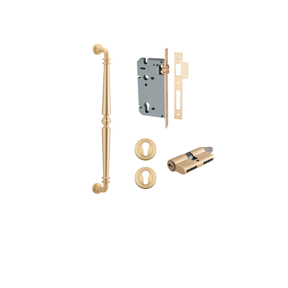Pull Handle Sarlat Brushed Brass L485xW32xP72mm BP35mm CTC450mm Entrance Kit, Mortice Lock Roller Euro Brushed Brass CTC85mm Backset 60mm, Euro Cylinder Dual Function 5 Pin Brushed Brass L65mm KA1, Escutcheon Euro Concealed Fix Round Pair Brushed … in Brushed Brass