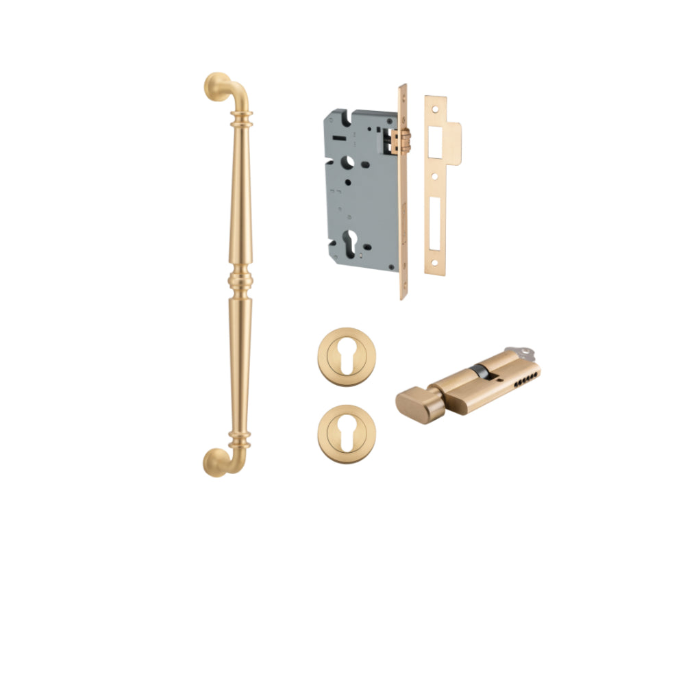 Pull Handle Sarlat Brushed Brass L485xW32xP72mm BP35mm CTC450mm Entrance Kit, Mortice Lock Roller Euro Brushed Brass CTC85mm Backset 60mm, Euro Cylinder Key Thumb 6 Pin Brushed Brass L70mm
KA1, Escutcheon Euro Concealed Fix Round Pair Brushed B… in Brushed Brass