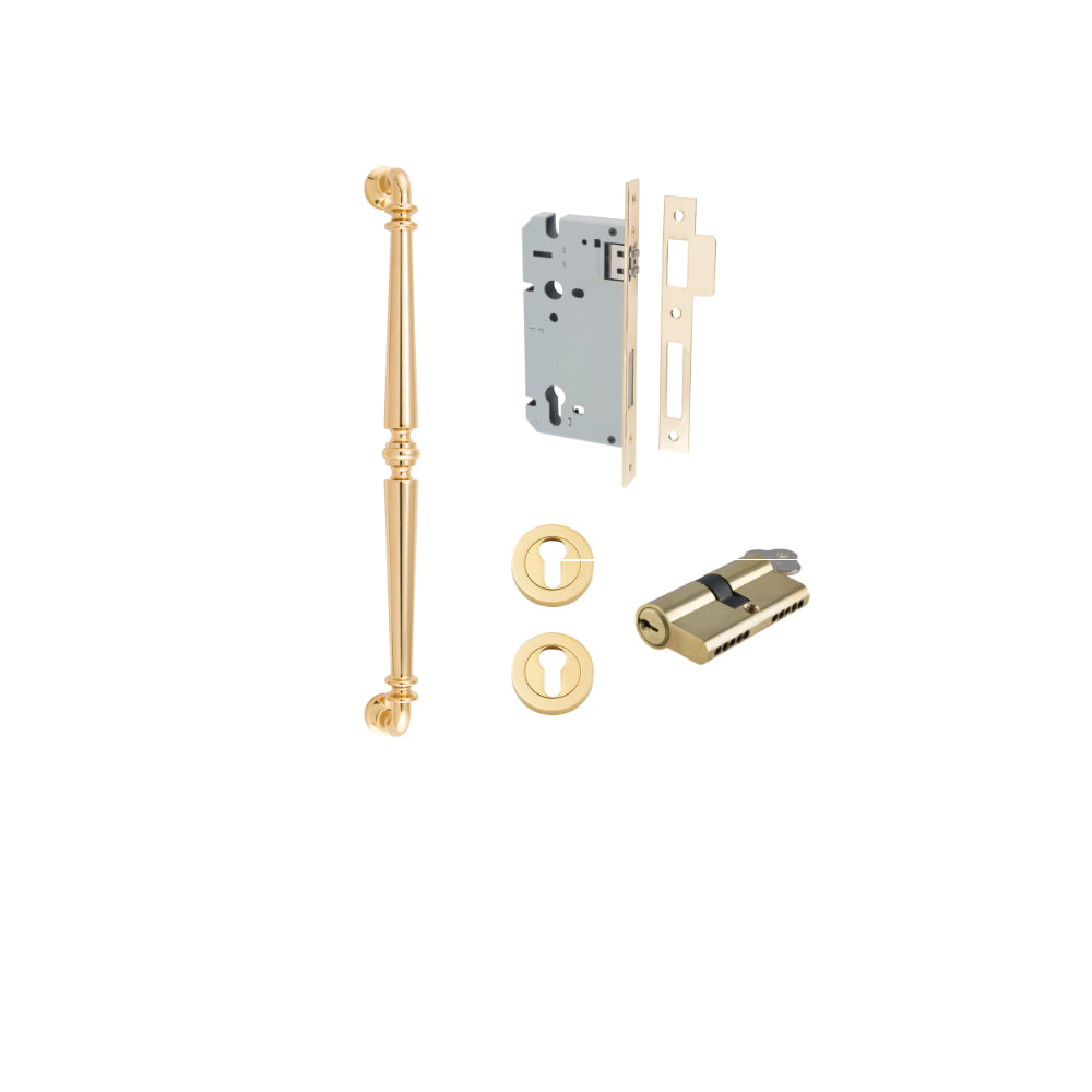 Pull Handle Sarlat Polished Brass L485xW32xP72mm BP35mm CTC450mm Entrance Kit, Mortice Lock Roller Euro Polished Brass CTC85mm Backset 60mm, Euro Cylinder Dual Function 5 Pin Polished Brass L65mm KA1, Escutcheon Euro Concealed Fix Round Pair Polis… in Polished Brass