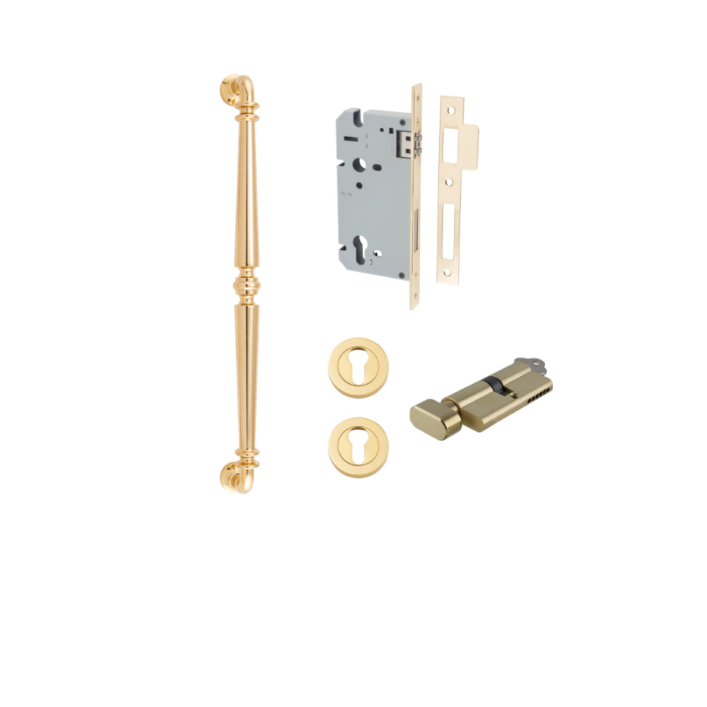 Pull Handle Sarlat Polished Brass L485xW32xP72mm BP35mm CTC450mm Entrance Kit, Mortice Lock Roller Euro Polished Brass CTC85mm Backset 60mm, Euro Cylinder Key Thumb 6 Pin Polished Brass L70mm KA1, Escutcheon Euro Concealed Fix Round Pair Polished … in Polished Brass