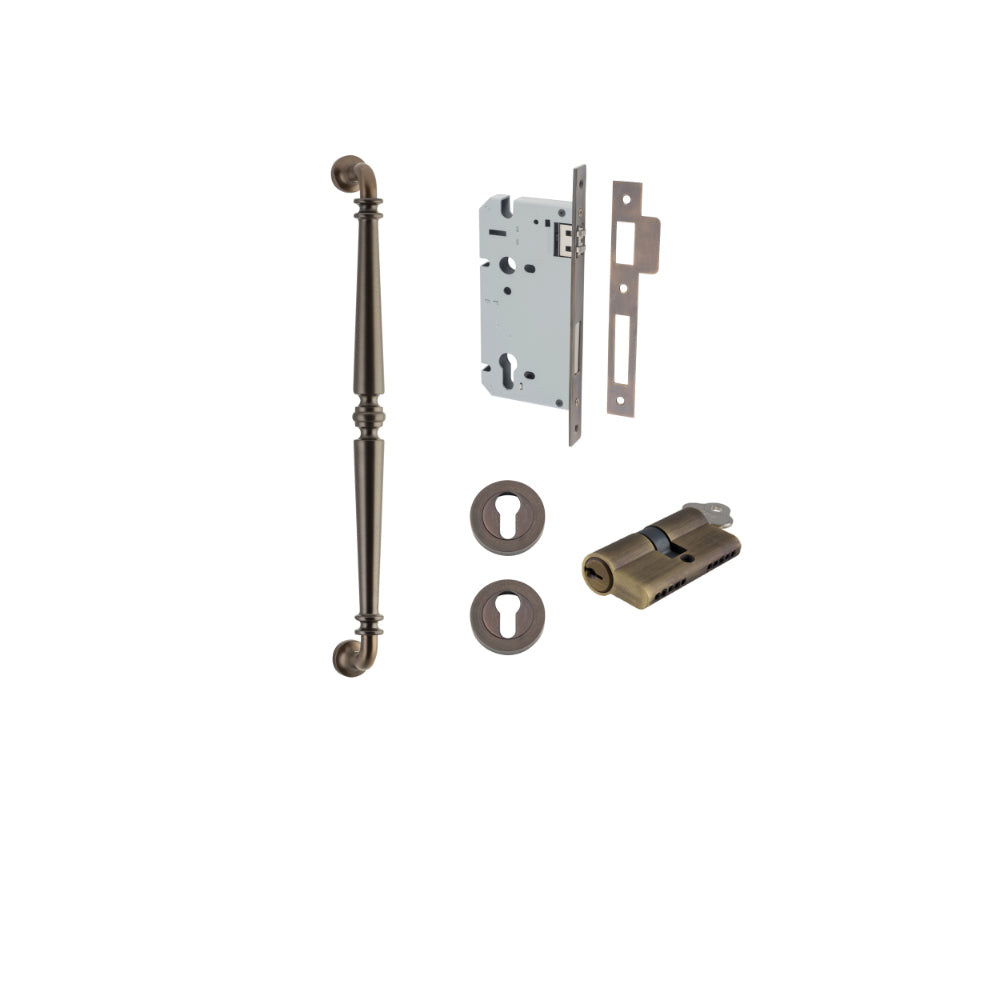 Pull Handle Sarlat Signature Brass L485xW32xP72mm BP35mm CTC450mm Entrance Kit, Mortice Lock Roller Euro Signature Brass CTC85mm Backset 60mm, Euro Cylinder Dual Function 5 Pin Signature Brass L65mm KA1, Escutcheon Euro Concealed Fix Round Pair Sig… in Signature Brass