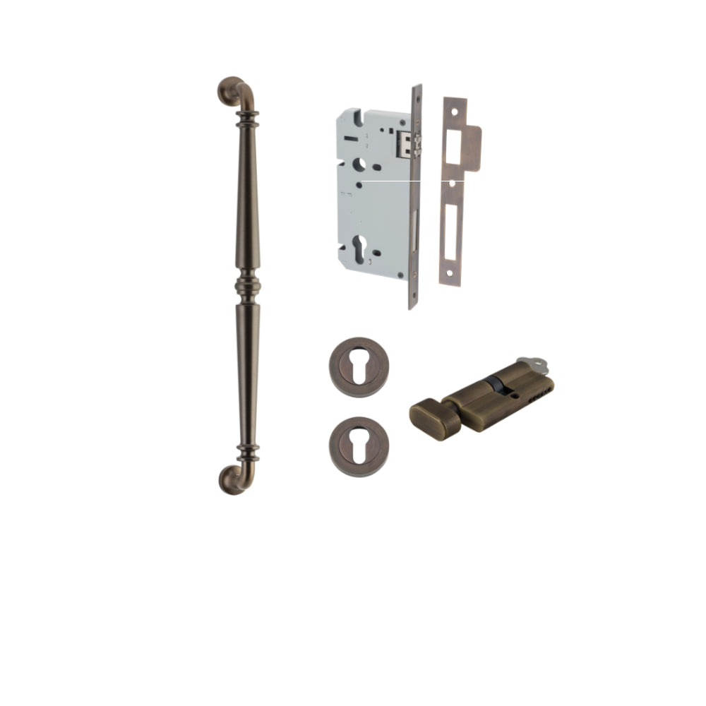 Pull Handle Sarlat Signature Brass L485xW32xP72mm BP35mm CTC450mm Entrance Kit, Mortice Lock Roller Euro Signature Brass CTC85mm Backset 60mm, Euro Cylinder Key Thumb 6 Pin Signature Brass L70mm KA1, Escutcheon Euro Concealed Fix Round Pair Signat… in Signature Brass