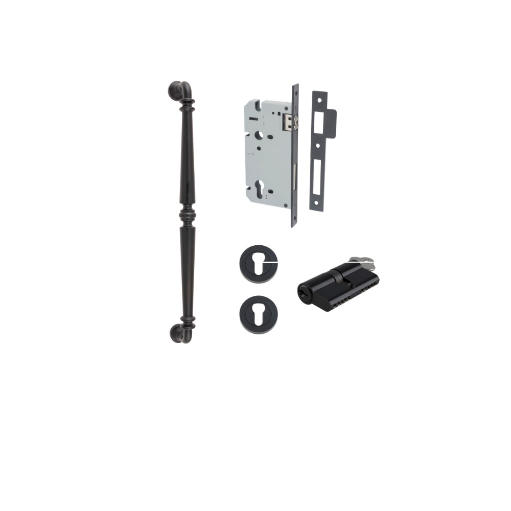 Pull Handle Sarlat Matt Black L485xW32xP72mm BP35mm CTC450mm Entrance Kit, Mortice Lock Roller Euro Matt Black CTC85mm Backset 60mm, Euro Cylinder Dual Function 5 Pin Matt Black L65mm KA1, Escutcheon Euro Concealed Fix Round Pair Matt Black D52xP10mm in Matt Black