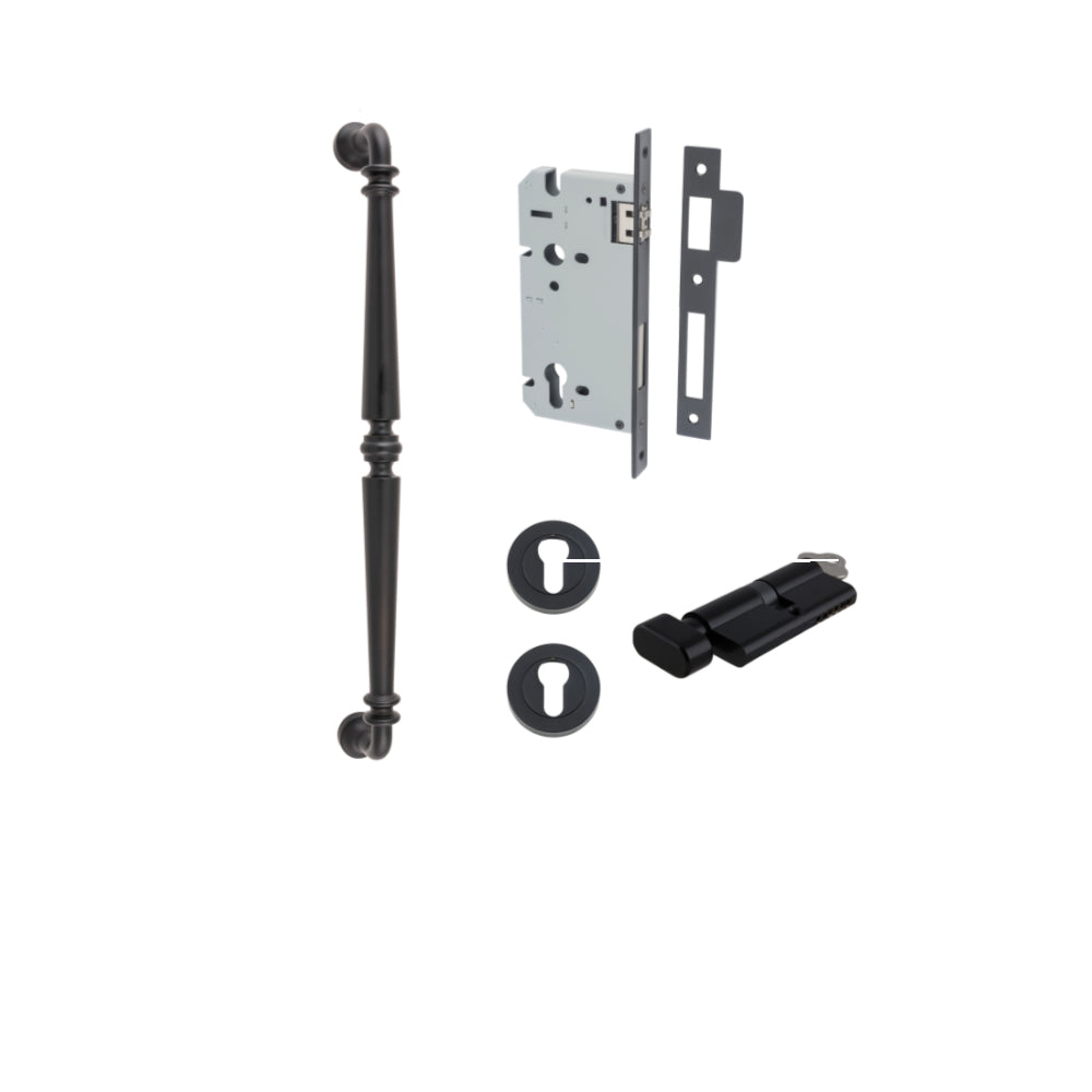 Pull Handle Sarlat Matt Black L485xW32xP72mm BP35mm CTC450mm Entrance Kit, Mortice Lock Roller Euro Matt Black CTC85mm Backset 60mm, Euro Cylinder Key Thumb 6 Pin Matt Black L70mm KA1, Escutcheon Euro Concealed Fix Round Pair Matt Black D52xP10mm in Matt Black