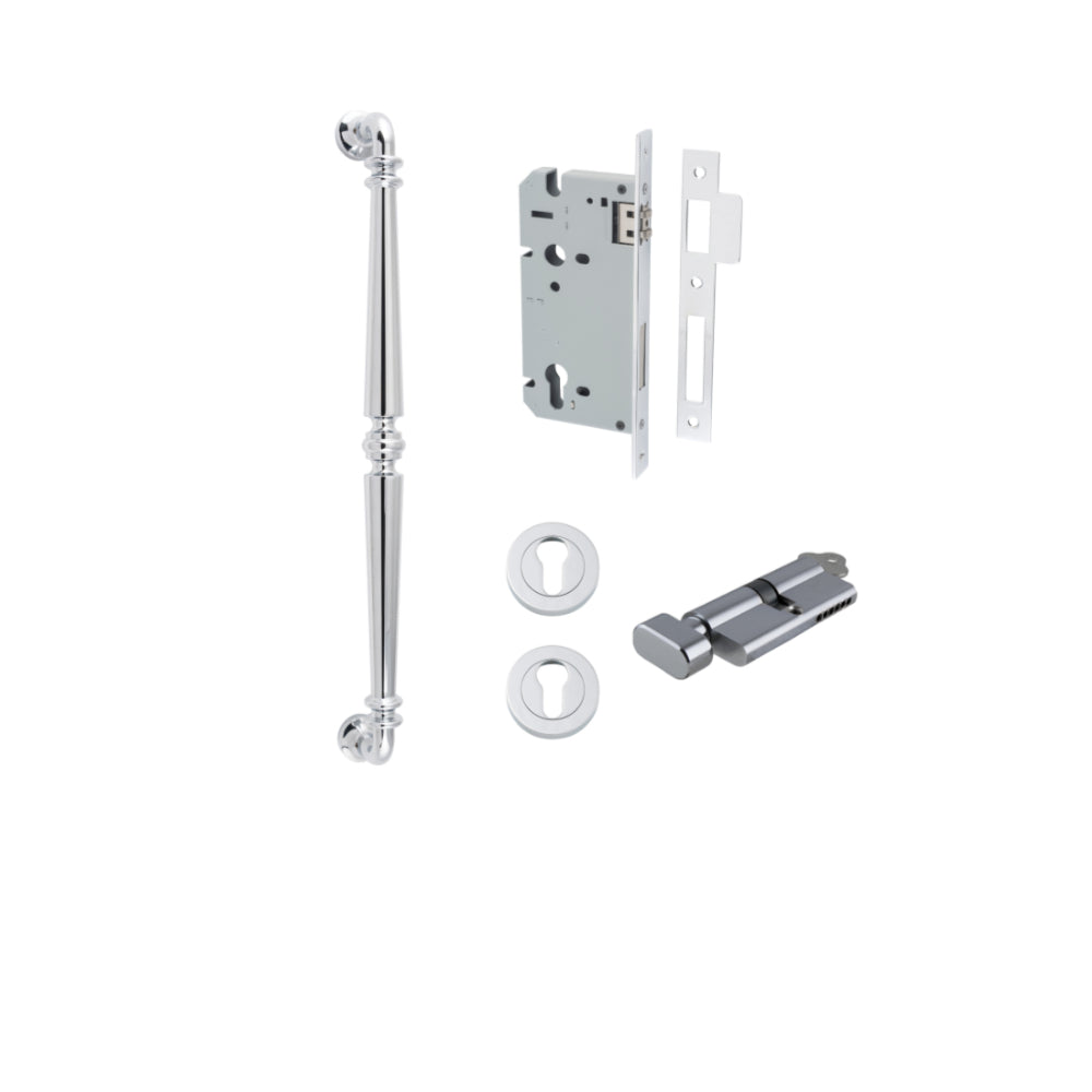 Pull Handle Sarlat Polished Chrome L485xW32xP72mm BP35mm CTC450mm Entrance Kit, Mortice Lock Roller Euro Polished Chrome CTC85mm Backset 60mm, Euro Cylinder Key Thumb 6 Pin Polished Chrome L70mm KA1, Escutcheon Euro Concealed Fix Round Pair Polish… in Polished Chrome