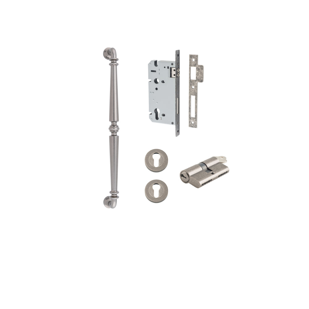 Pull Handle Sarlat Distressed Nickel L485xW32xP72mm BP35mm CTC450mm Entrance Kit, Mortice Lock Roller Euro Distressed Nickel CTC85mm Backset 60mm, Euro Cylinder Dual Function 5 Pin Distressed Nickel L65mm KA1, Escutcheon Euro Concealed Fix Round P… in Distressed Nickel