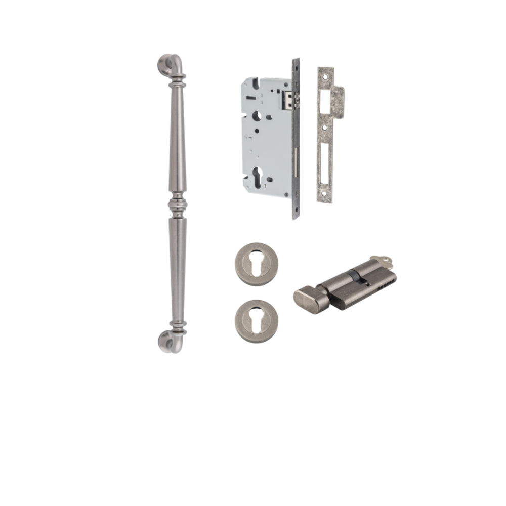 Pull Handle Sarlat Distressed Nickel L485xW32xP72mm BP35mm CTC450mm Entrance Kit, Mortice Lock Roller Euro Distressed Nickel CTC85mm Backset 60mm, Euro Cylinder Key Thumb 6 Pin Distressed Nickel L70mm KA1, Escutcheon Euro Concealed Fix Round Pair … in Distressed Nickel