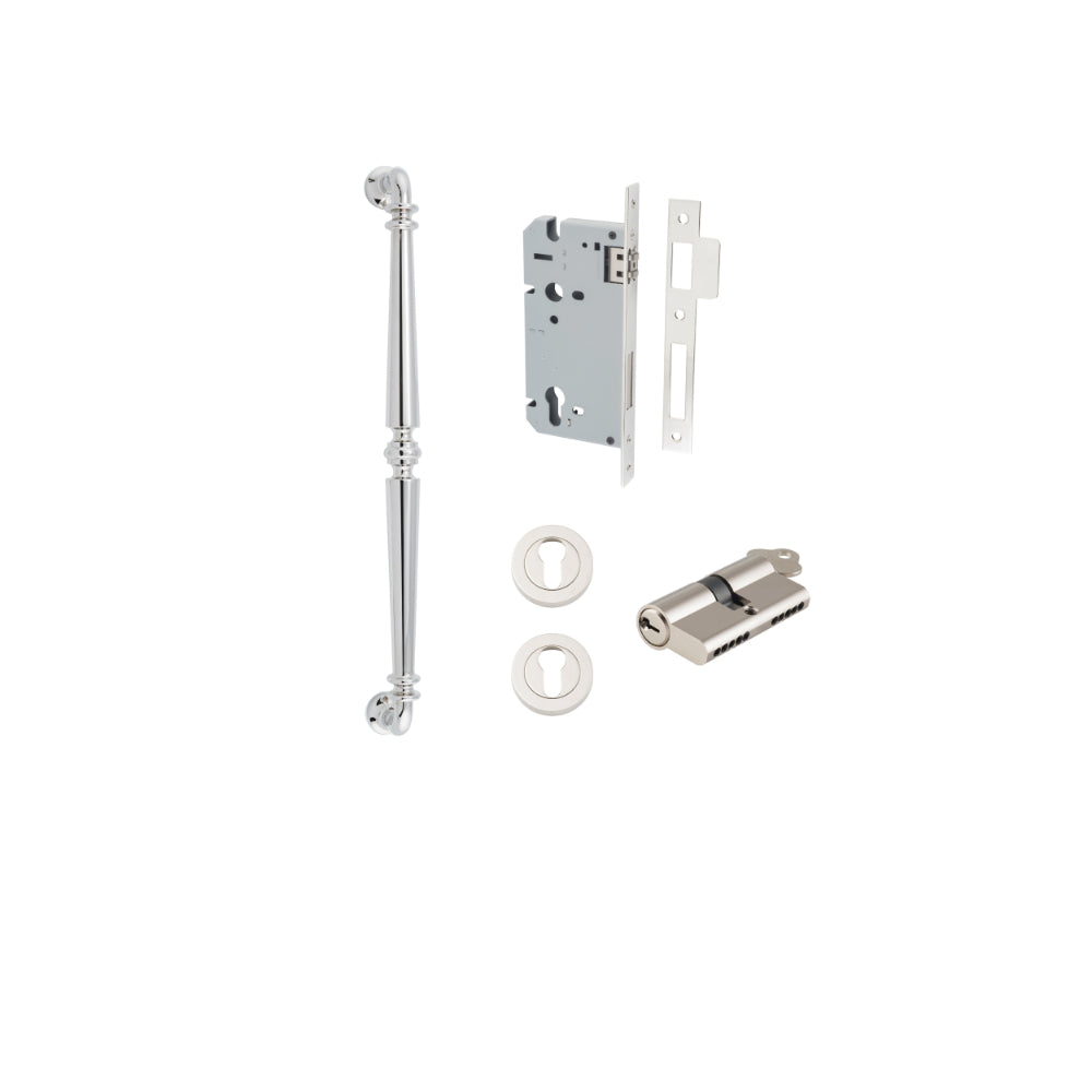 Pull Handle Sarlat Polished Nickel L485xW32xP72mm BP35mm CTC450mm Entrance Kit, Mortice Lock Roller Euro Polished Nickel CTC85mm Backset 60mm, Euro Cylinder Dual Function 5 Pin Polished Nickel L65mm KA1, Escutcheon Euro Concealed Fix Round Pair Po… in Polished Nickel