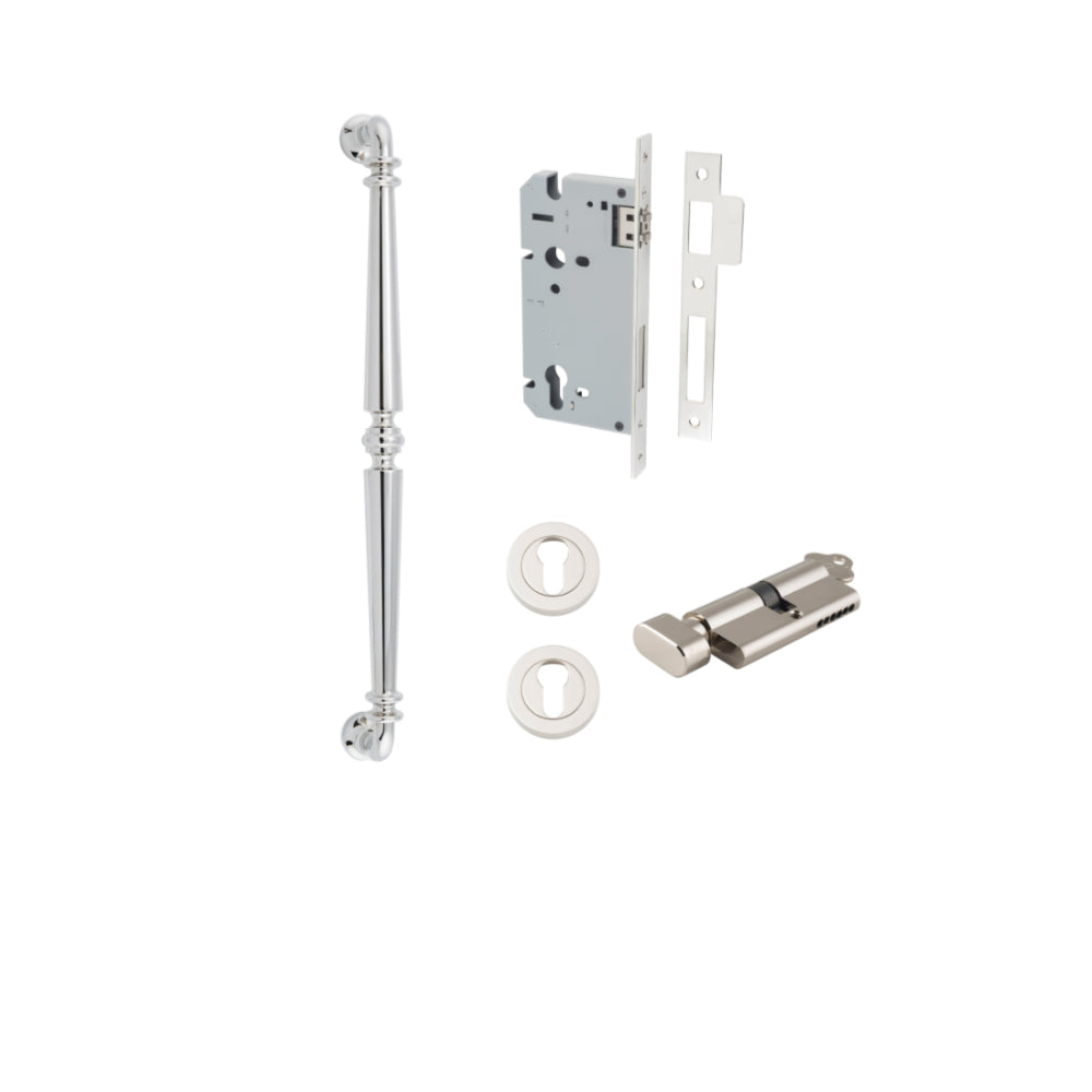 Pull Handle Sarlat Polished Nickel L485xW32xP72mm BP35mm CTC450mm Entrance Kit, Mortice Lock Roller Euro Polished Nickel CTC85mm Backset 60mm, Euro Cylinder Key Thumb 6 Pin Polished Nickel L70mm KA1, Escutcheon Euro Concealed Fix Round Pair Polish… in Polished Nickel