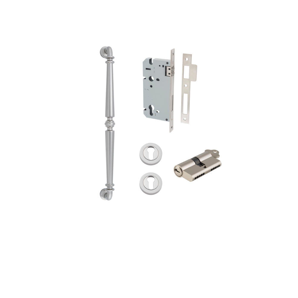 Pull Handle Sarlat Satin Nickel L485xW32xP72mm BP35mm CTC450mm Entrance Kit, Mortice Lock Roller Euro Satin Nickel CTC85mm Backset 60mm, Euro Cylinder Dual Function 5 Pin Satin Nickel L65mm KA1, Escutcheon Euro Concealed Fix Round Pair Satin Nicke… in Satin Nickel