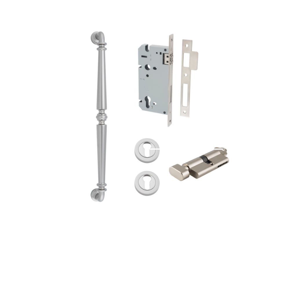 Pull Handle Sarlat Satin Nickel L485xW32xP72mm BP35mm CTC450mm Entrance Kit, Mortice Lock Roller Euro Satin Nickel CTC85mm Backset 60mm, Euro Cylinder Key Thumb 6 Pin Satin Nickel L70mm KA1, Escutcheon Euro Concealed Fix Round Pair Satin Nickel D5… in Satin Nickel