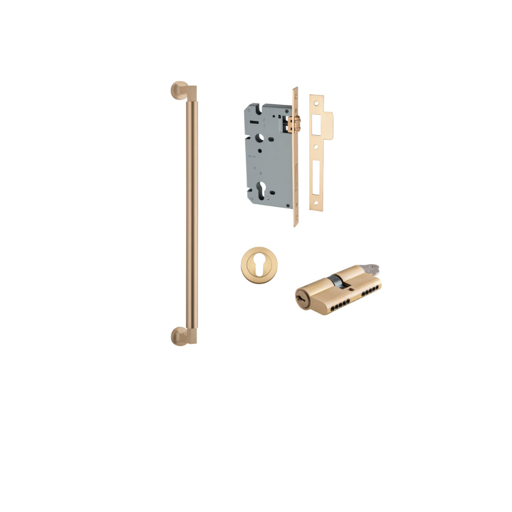 Pull Handle Berlin Euro Pair Brushed Brass L485xW22xP63mm CTC450 mm BPD35mm, Mortice Lock Roller Euro Brushed Brass CTC85mm Backset 60mm, Euro Cylinder Dual Function 5 Pin Brushed Brass 65mm KA4, Escutcheon Euro Concealed Fix Round Pair D52xP10mm in Brushed Brass